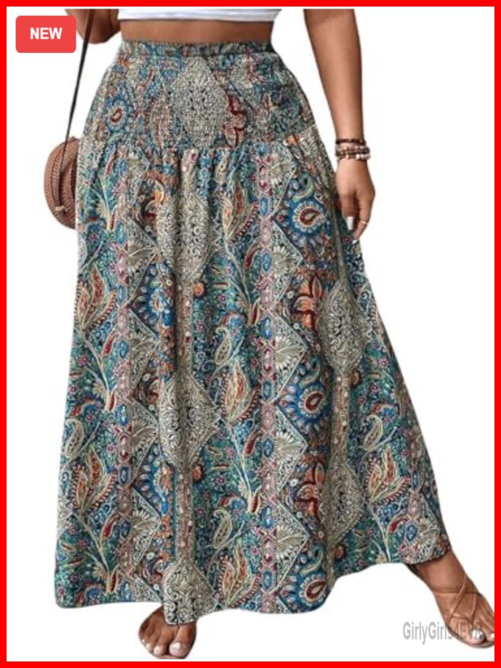 Plus Size Paisley Print Boho Maxi Skirt High Waist Smocked Ruffle Hem A-Line